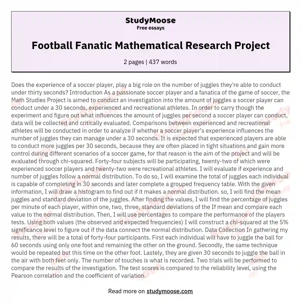 Football Fanatic Mathematical Research Project essay