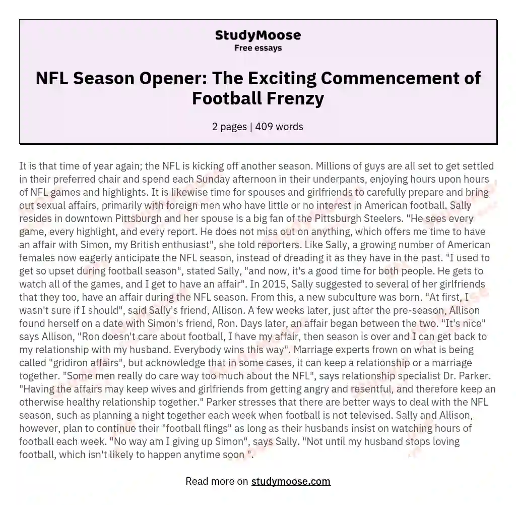 NFL Season Opener: The Exciting Commencement of Football Frenzy essay