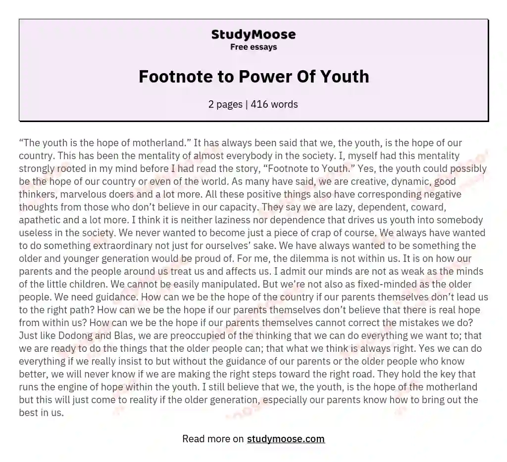 Footnote to Power Of Youth essay