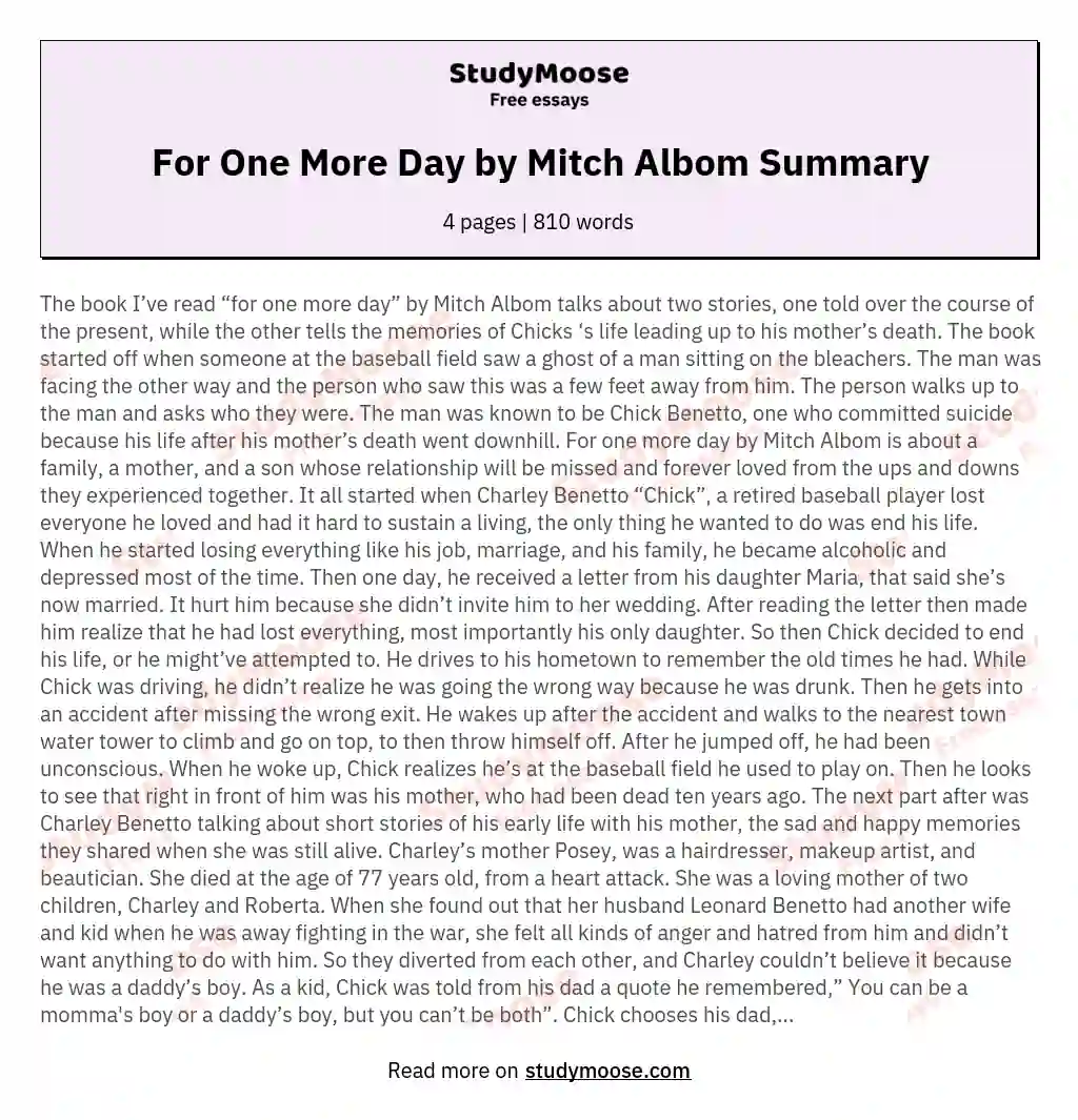 For One More Day by Mitch Albom Summary essay
