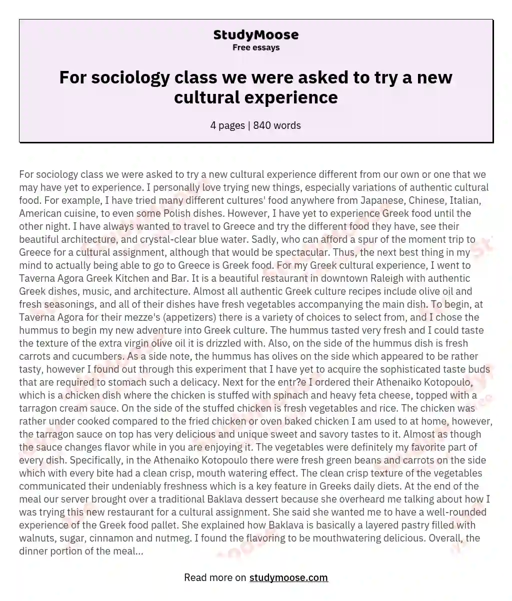 For sociology class we were asked to try a new cultural experience essay