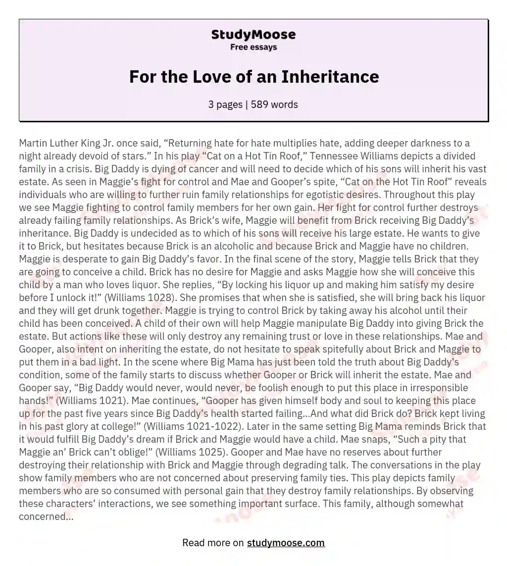 For the Love of an Inheritance essay