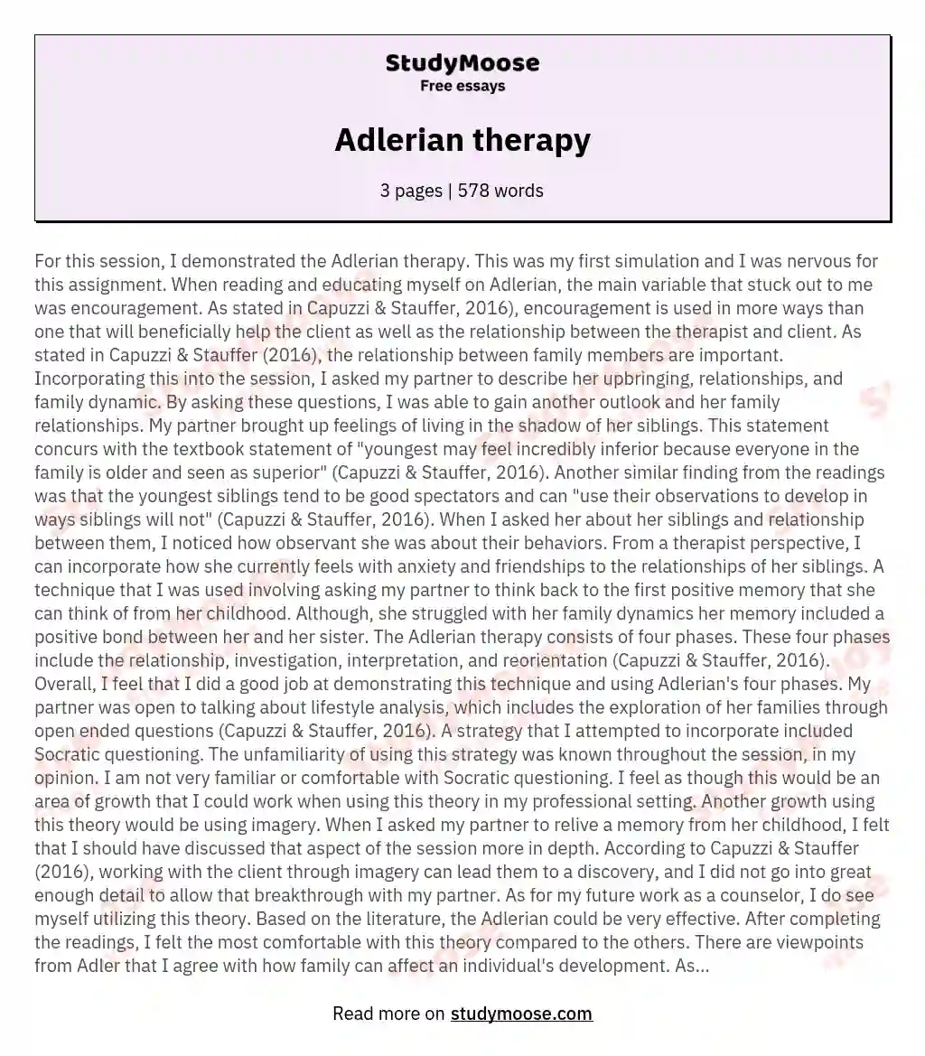 Adlerian therapy essay