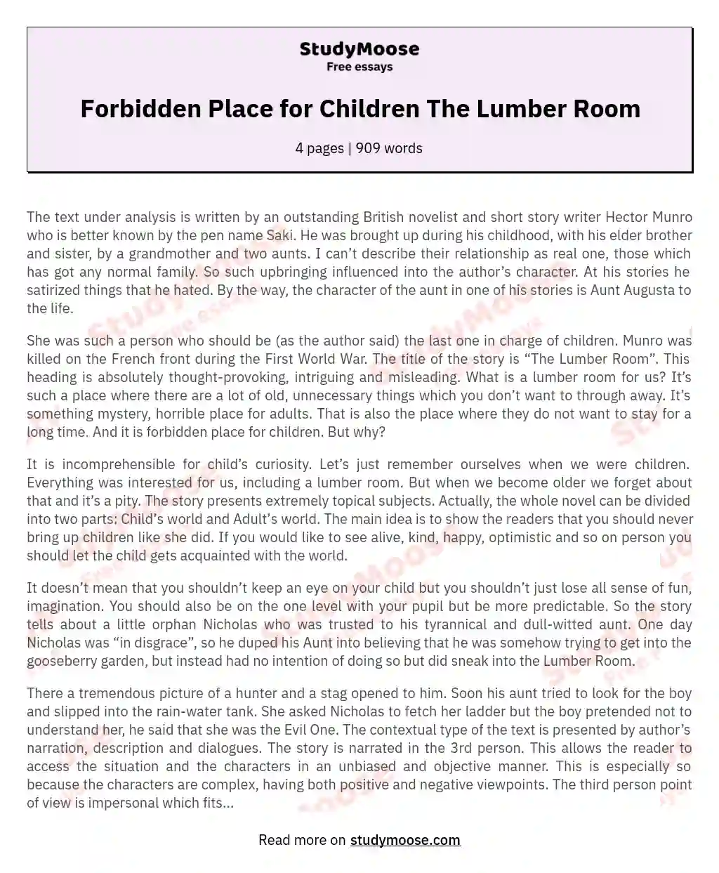 Forbidden Place for Children The Lumber Room essay