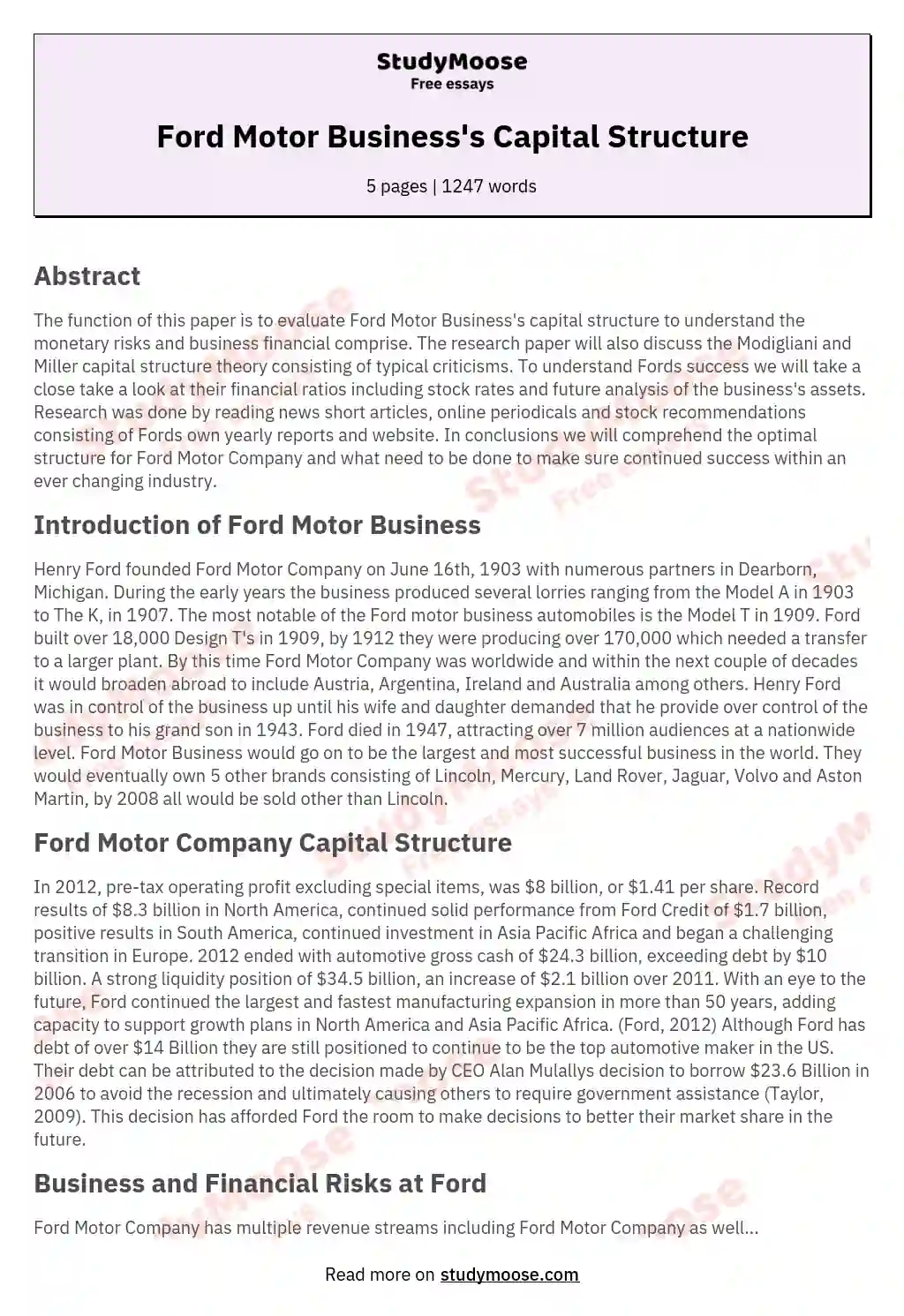 Ford Motor Business's Capital Structure