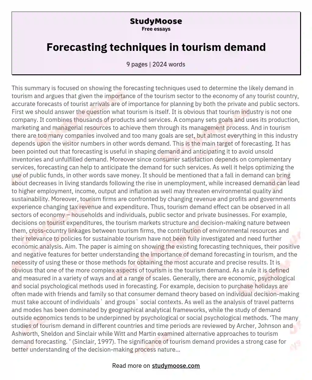 Forecasting techniques in tourism demand essay