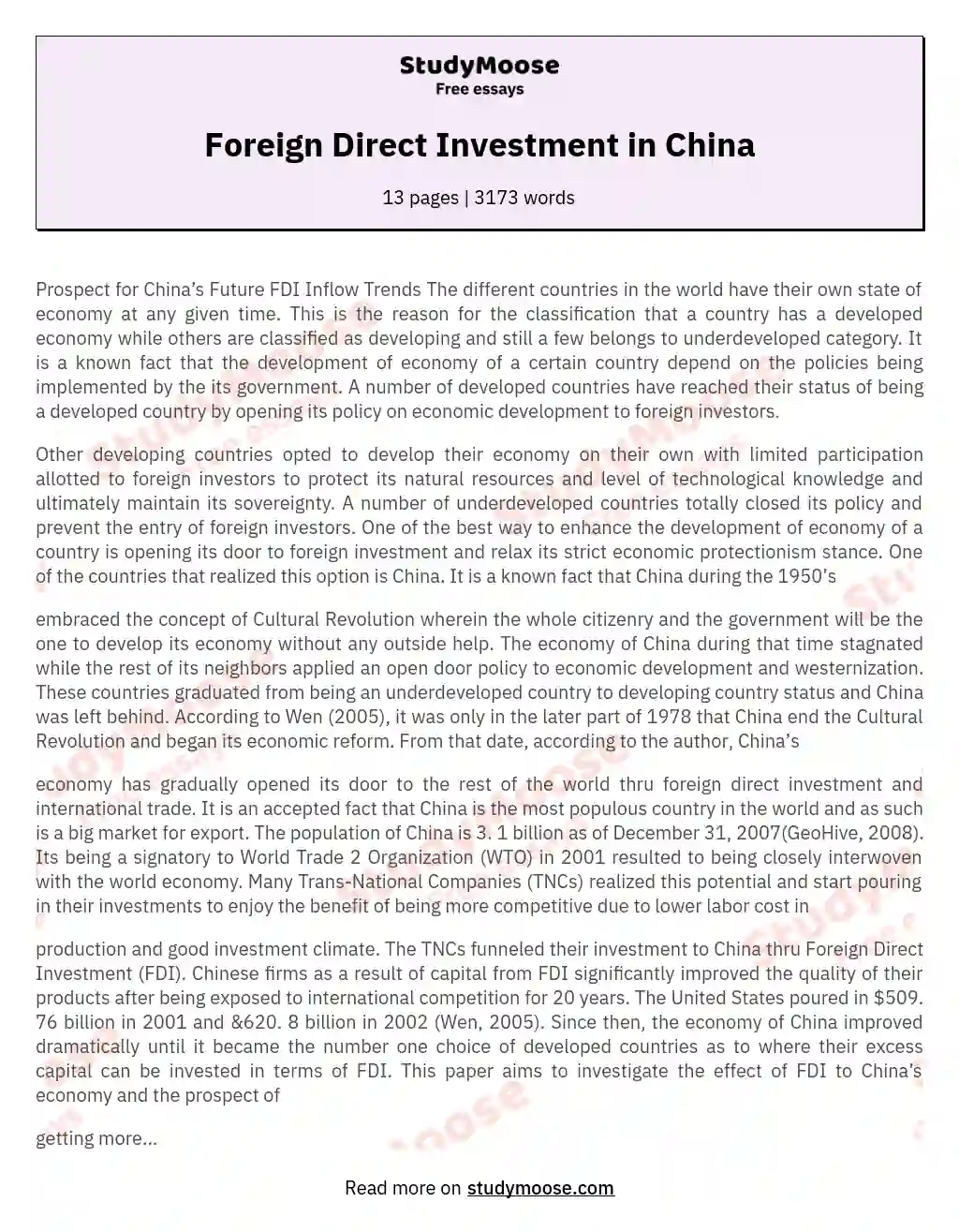 Foreign Direct Investment in China essay