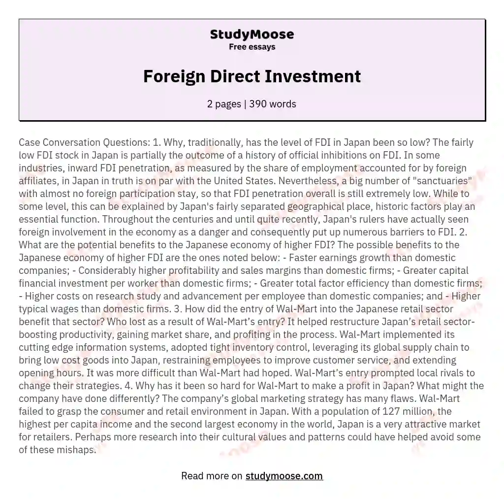Foreign Direct Investment essay