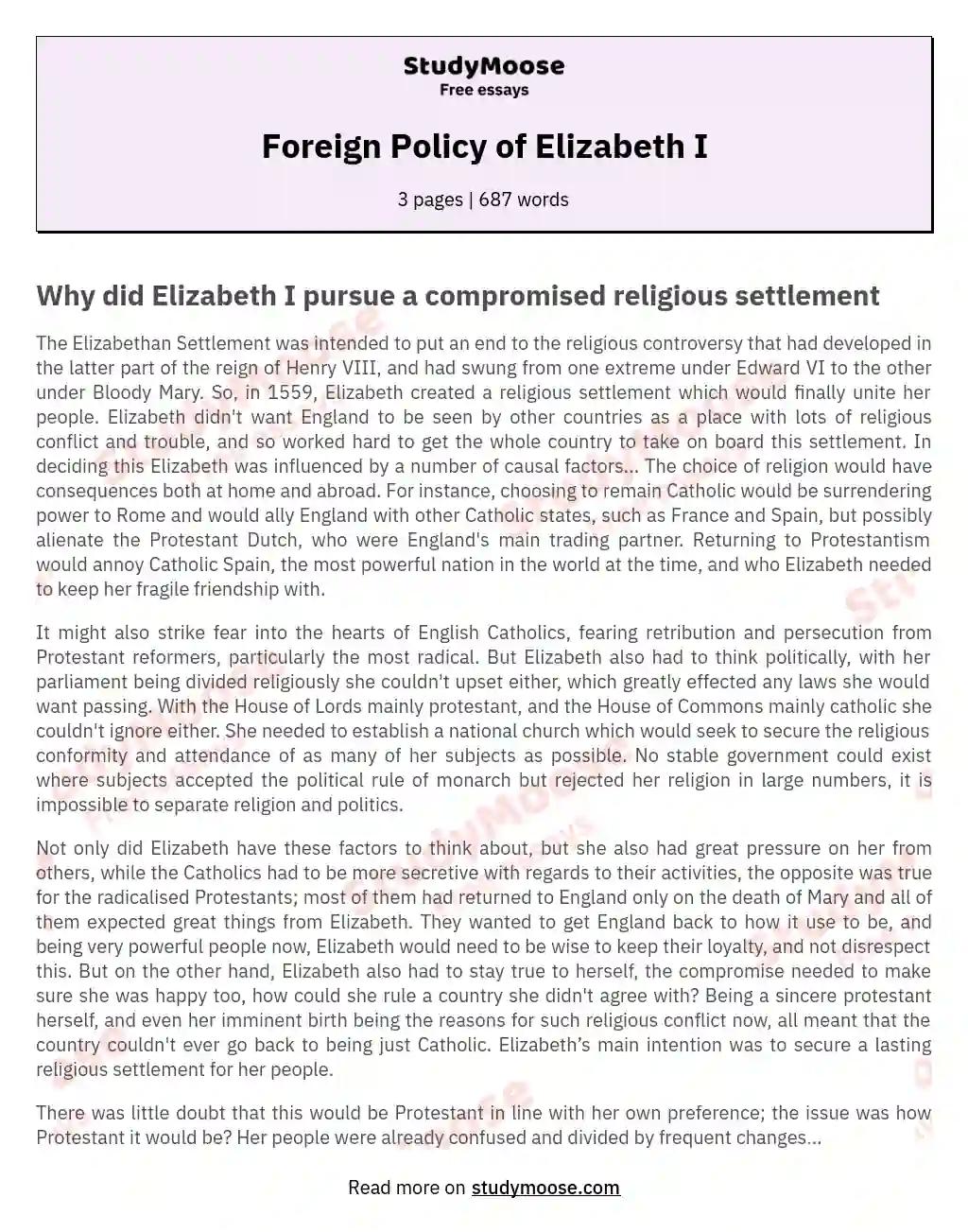 Foreign Policy of Elizabeth I essay