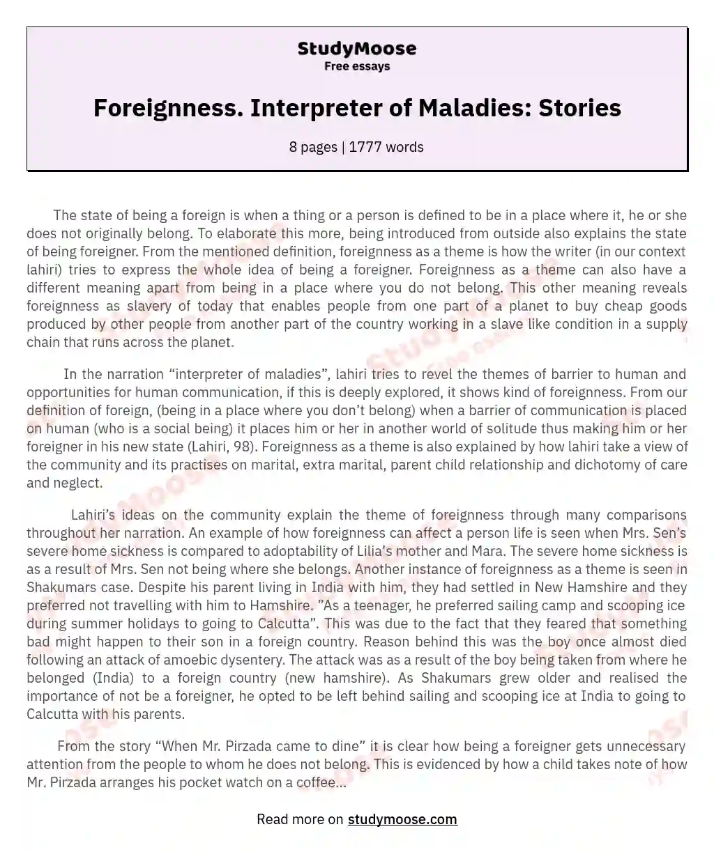 Foreignness. Interpreter of Maladies: Stories essay