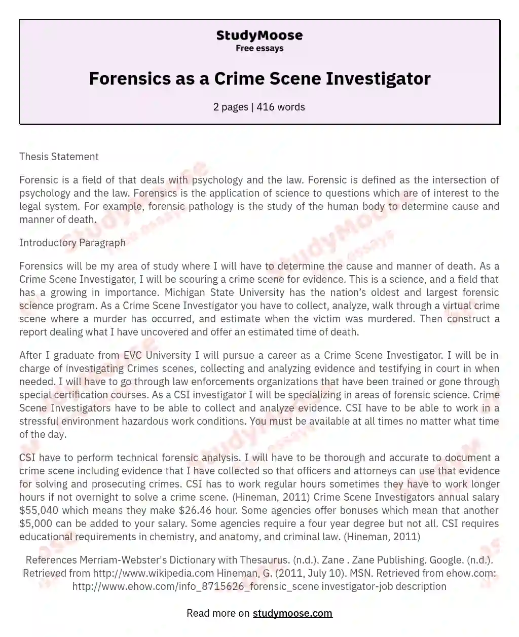 Forensics as a Crime Scene Investigator essay