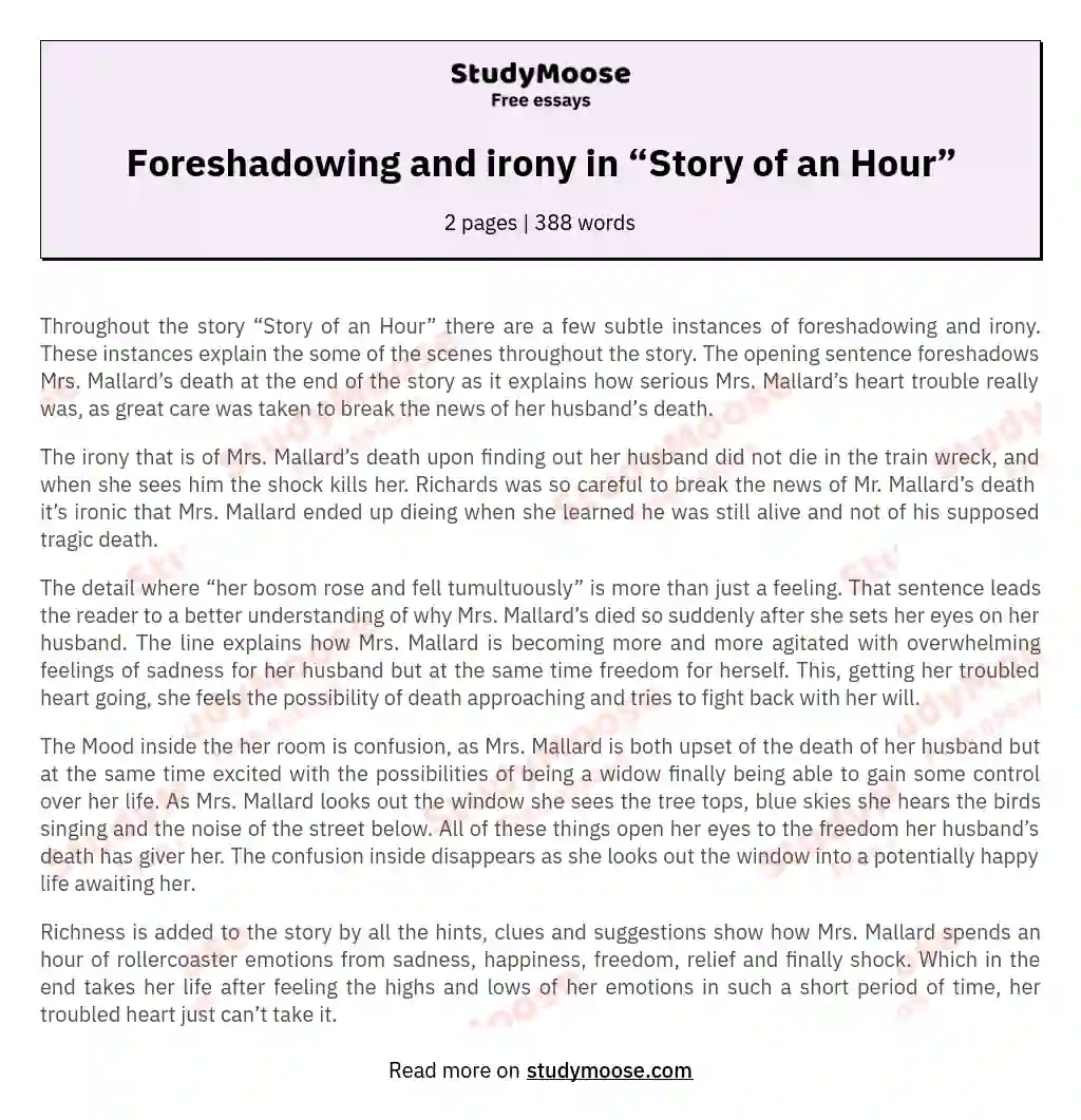 Foreshadowing and irony in “Story of an Hour” essay
