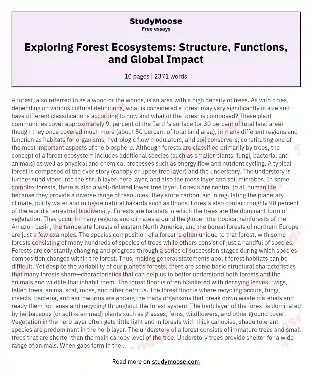 Exploring Forest Ecosystems: Structure, Functions, and Global Impact essay