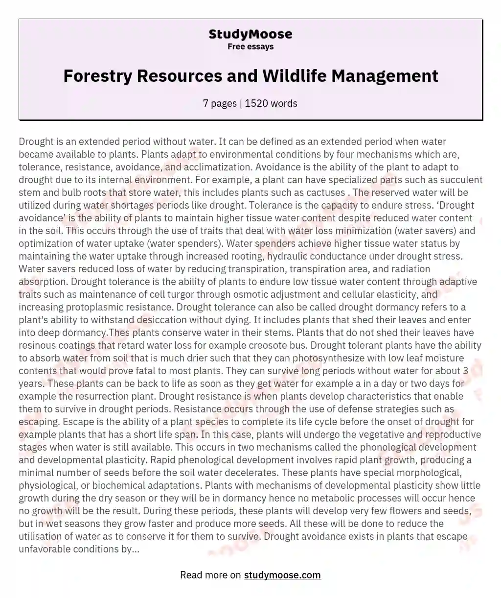 Forestry Resources and Wildlife Management essay