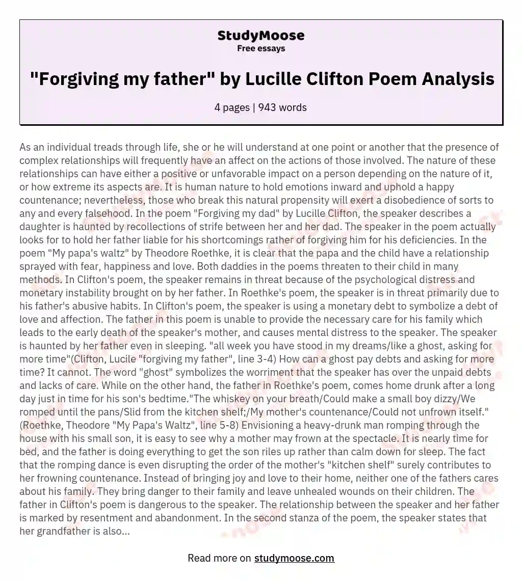"Forgiving my father" by Lucille Clifton Poem Analysis essay