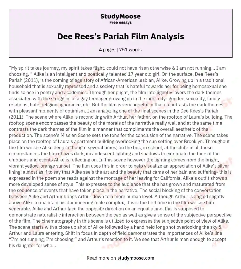Dee Rees’s Pariah Film Analysis essay