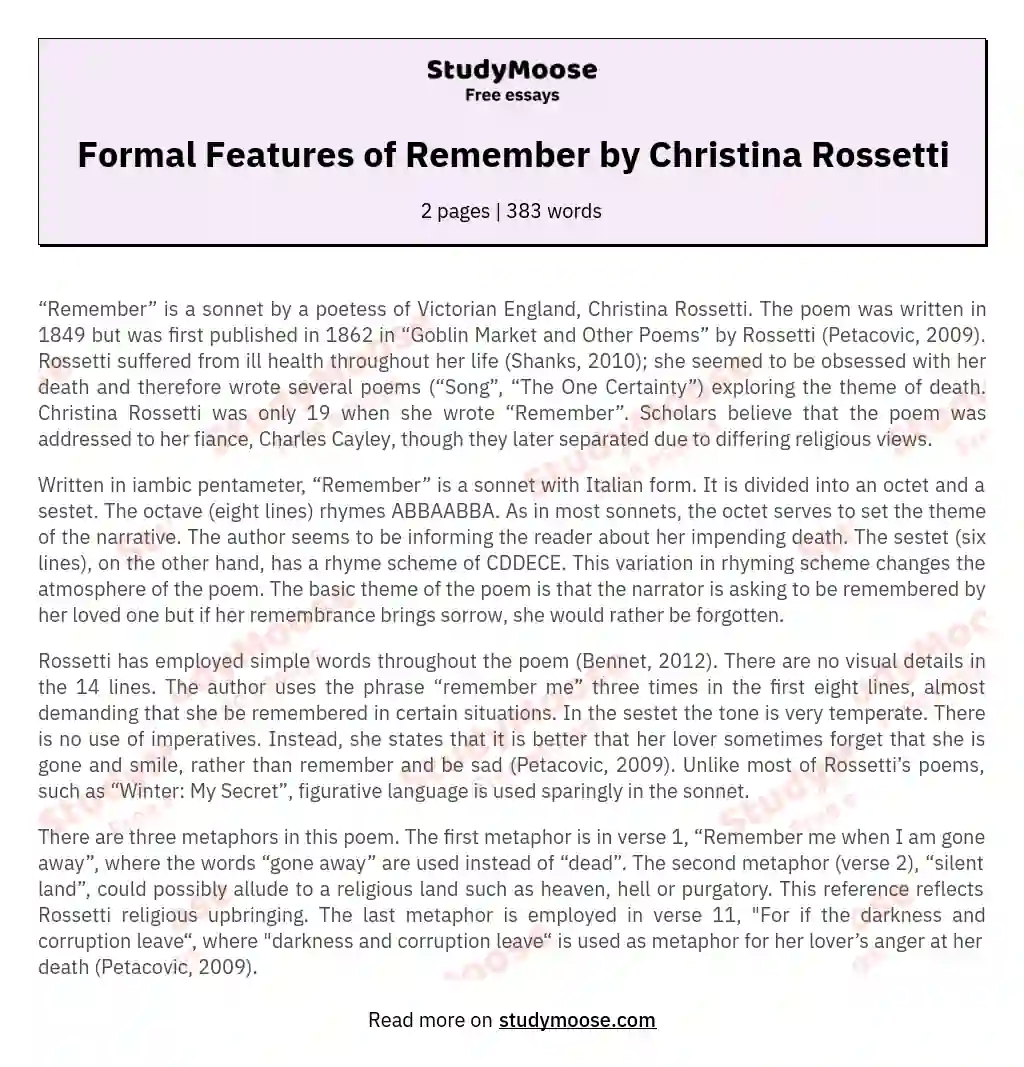 Formal Features of Remember by Christina Rossetti essay