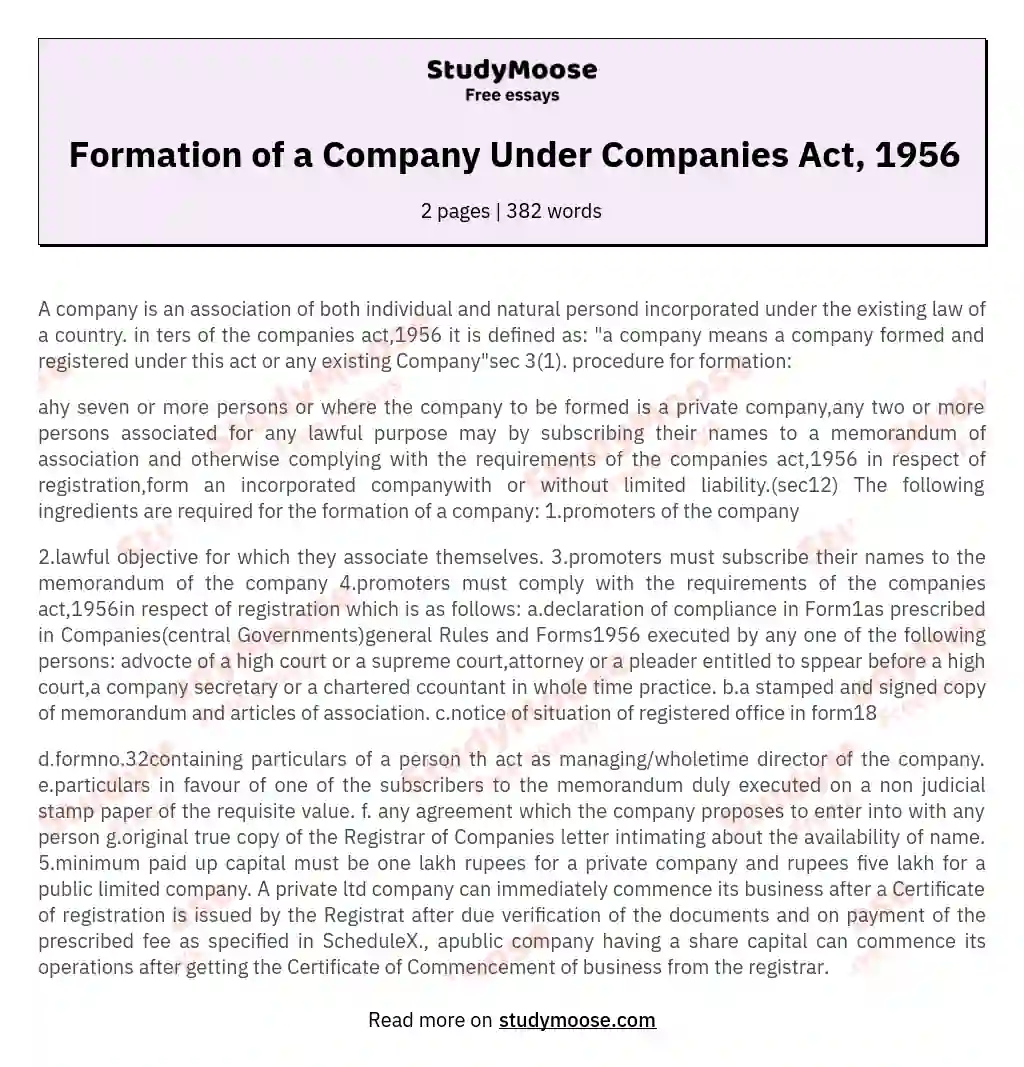 Formation of a Company Under Companies Act, 1956 essay