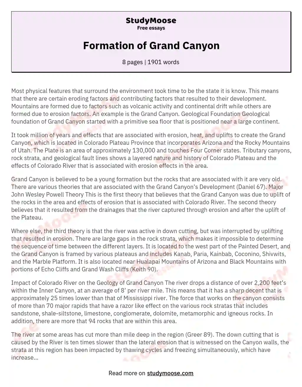 Formation of Grand Canyon essay