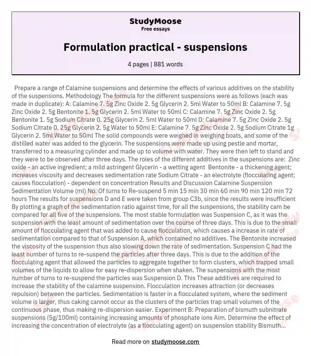 Formulation practical - suspensions essay