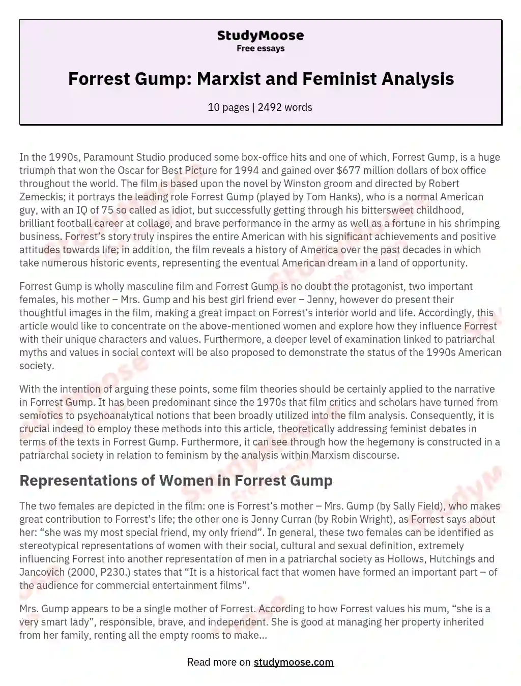 Forrest Gump: Marxist and Feminist Analysis essay