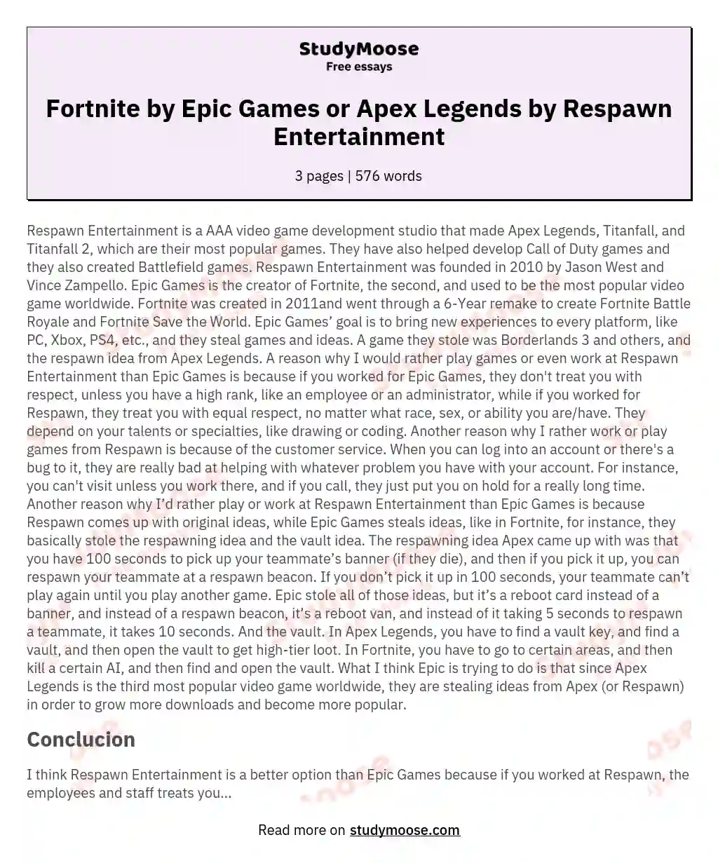 Fortnite by Epic Games or Apex Legends by Respawn Entertainment