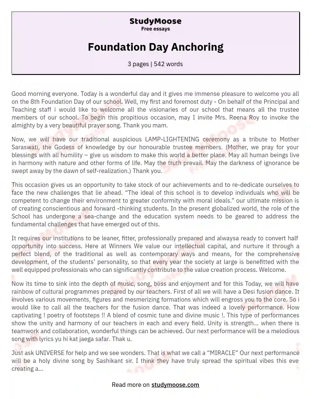 Foundation Day Anchoring essay