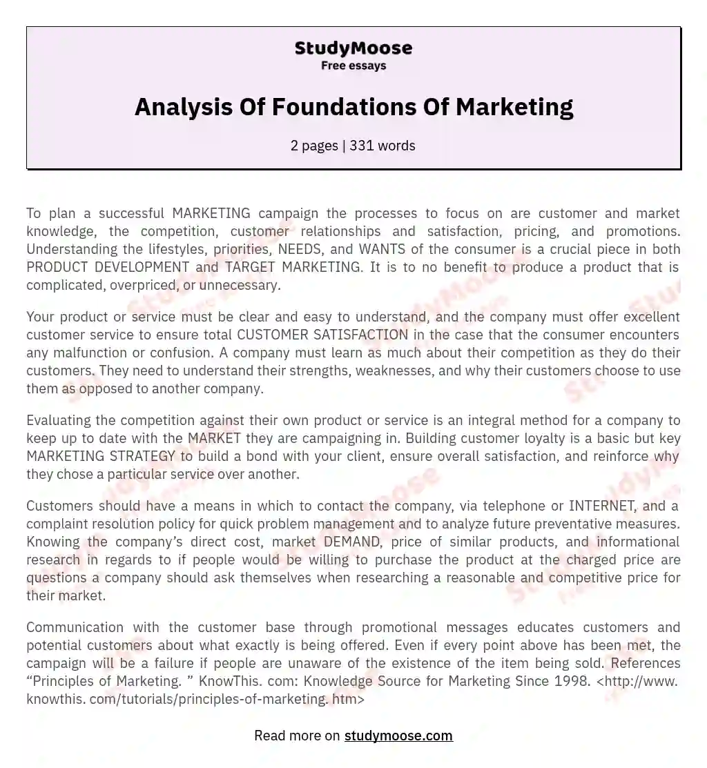 Analysis Of Foundations Of Marketing essay