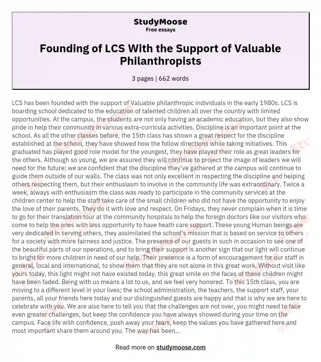 Founding of LCS With the Support of Valuable Philanthropists essay