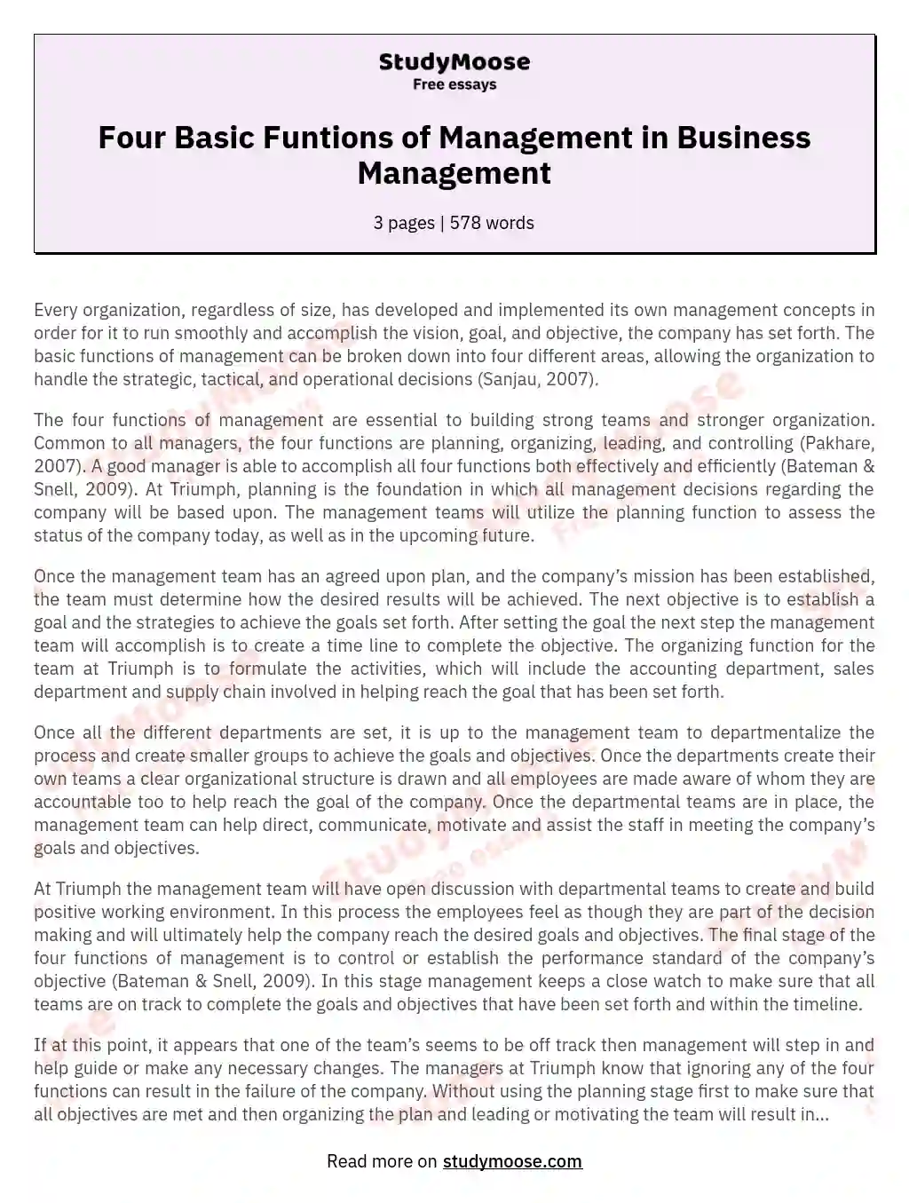 Four Basic Funtions of Management in Business Management essay
