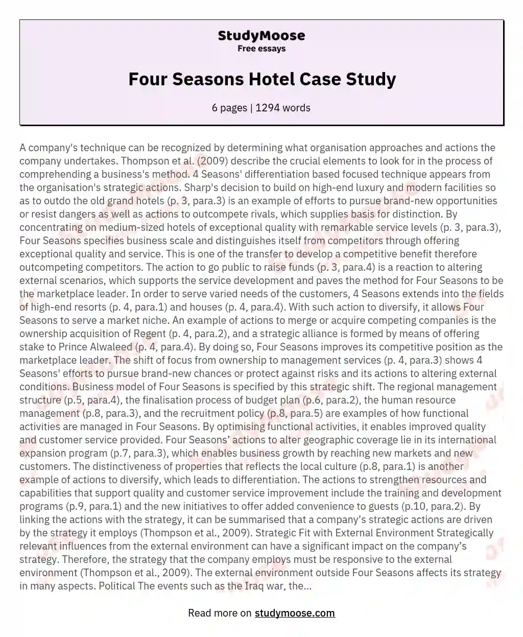 Four Seasons Hotel Case Study