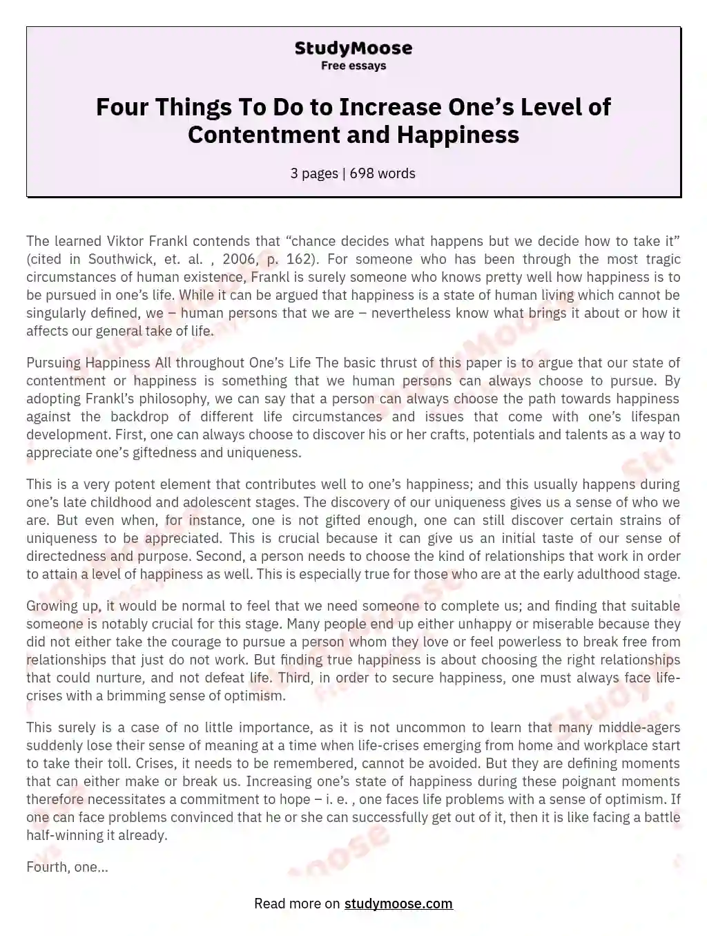 Four Things To Do to Increase One’s Level of Contentment and Happiness essay
