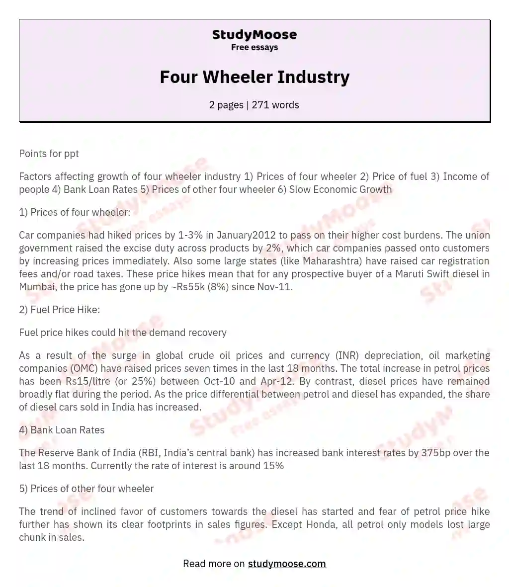 Four Wheeler Industry essay