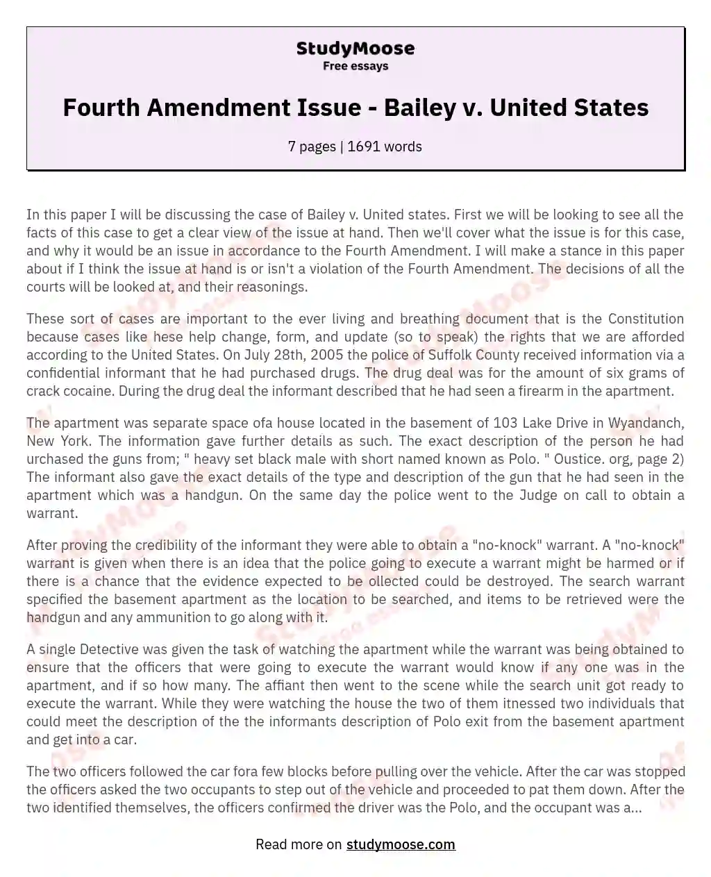 Fourth Amendment Issue - Bailey v. United States essay