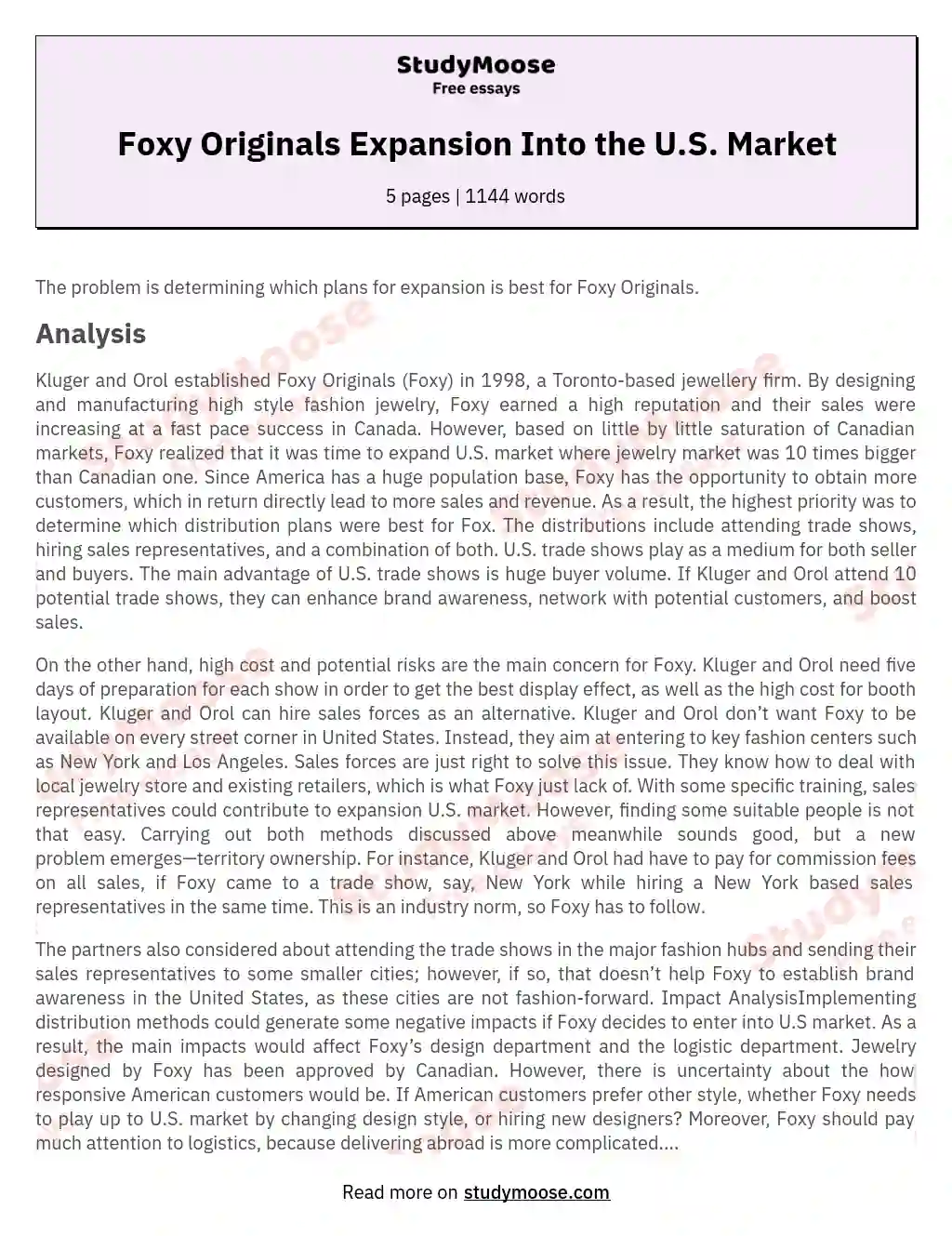 Optimal Expansion Strategy for Foxy Originals: Analysis and Recommendation essay