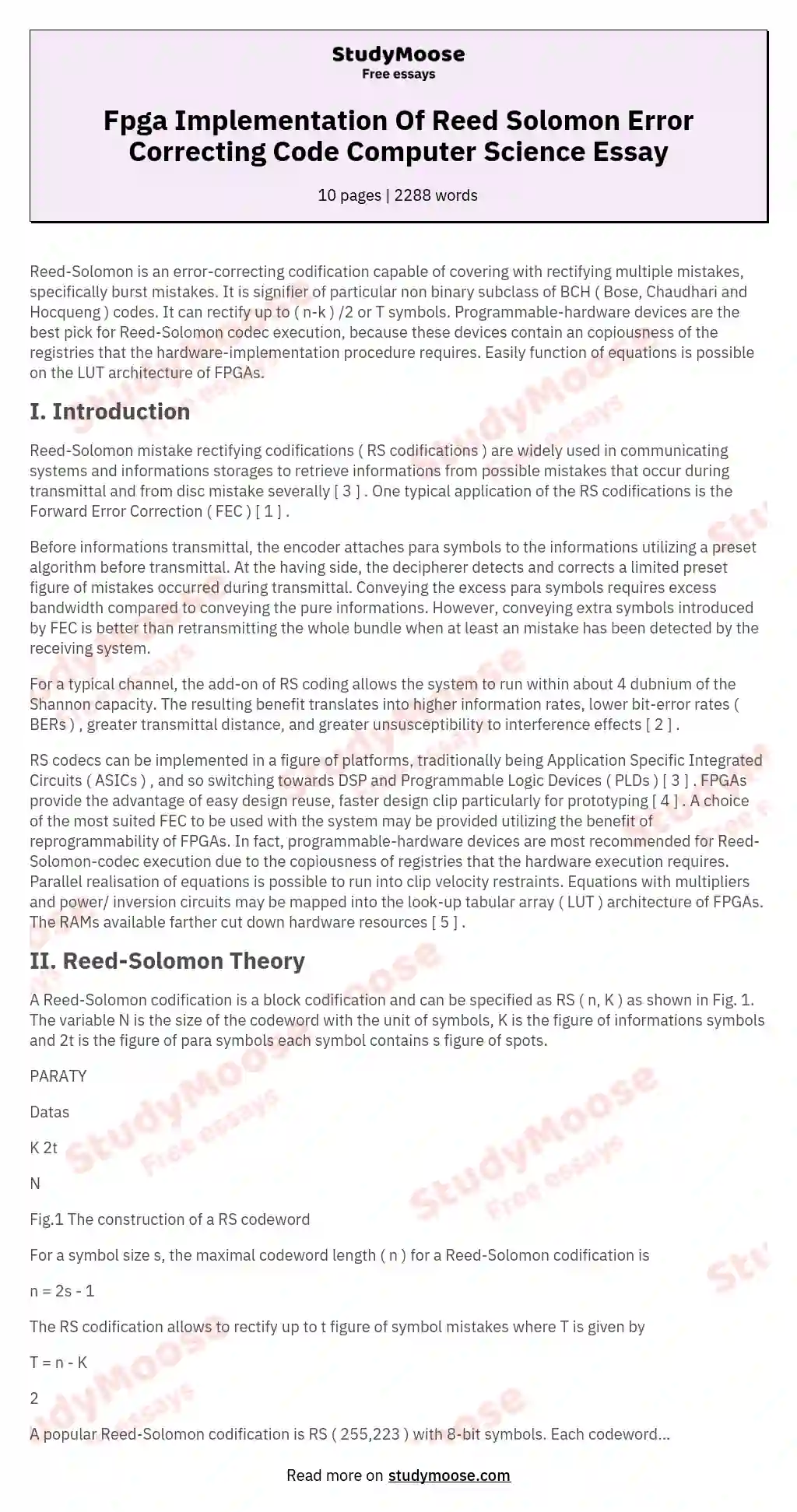 Fpga Implementation Of Reed Solomon Error Correcting Code Computer Science Essay