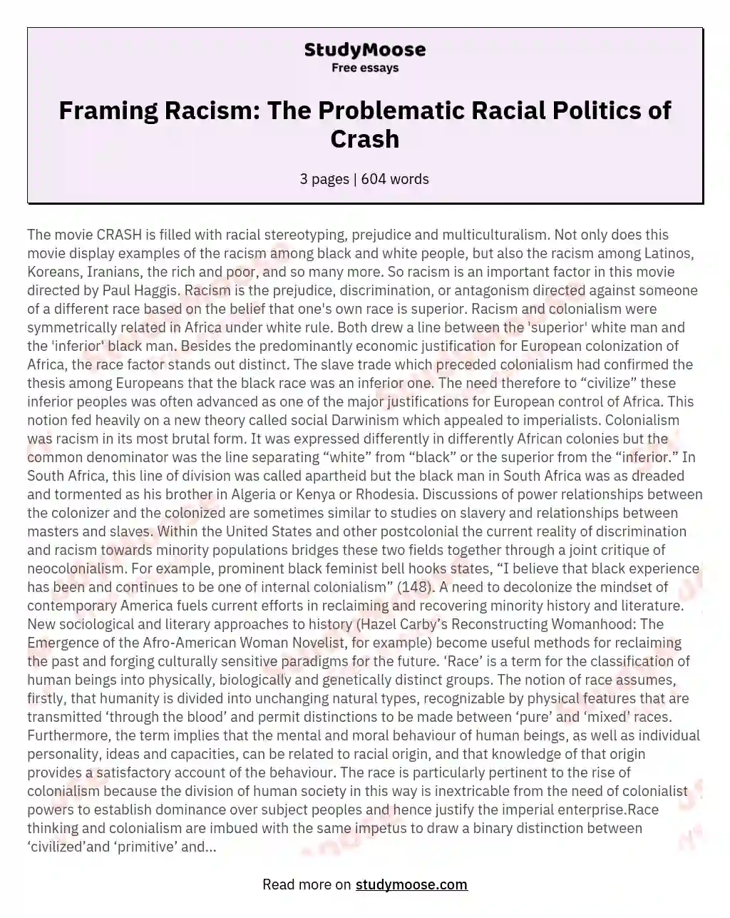 Framing Racism: The Problematic Racial Politics of Crash essay