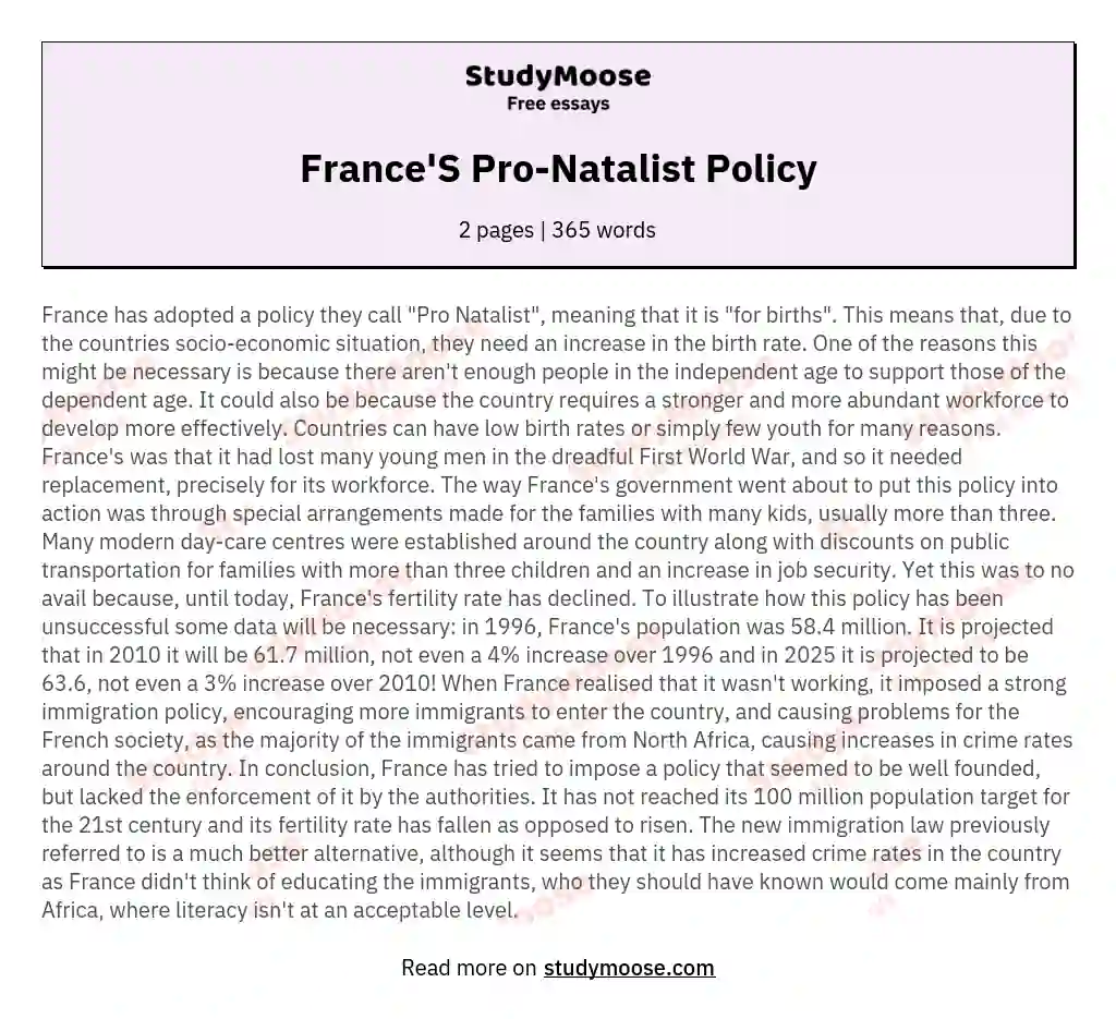 France'S Pro-Natalist Policy essay