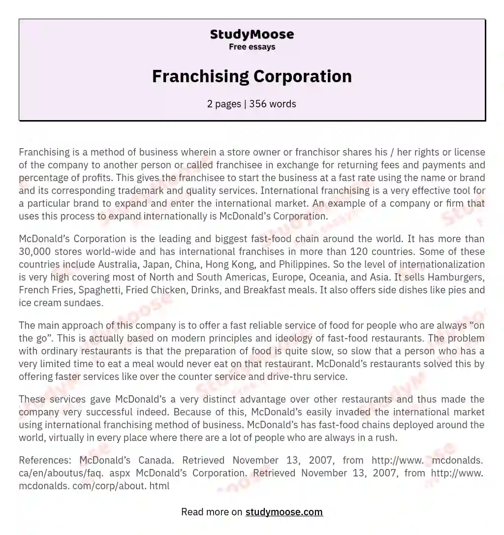 Franchising  Corporation essay