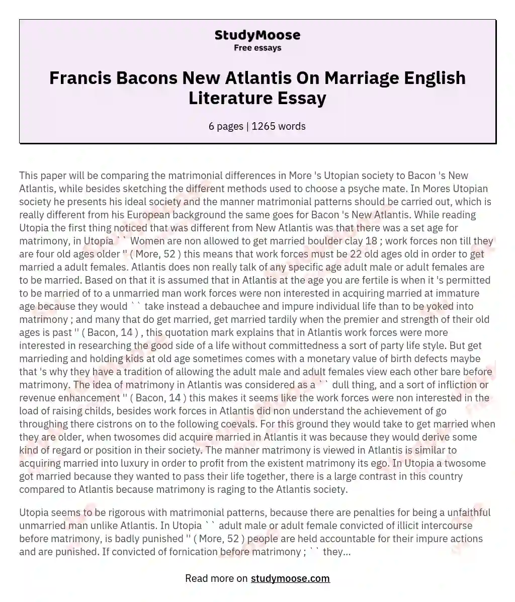 Francis Bacons New Atlantis On Marriage English Literature Essay