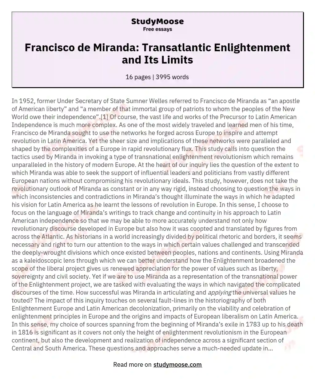 Francisco de Miranda: Transatlantic Enlightenment and Its Limits