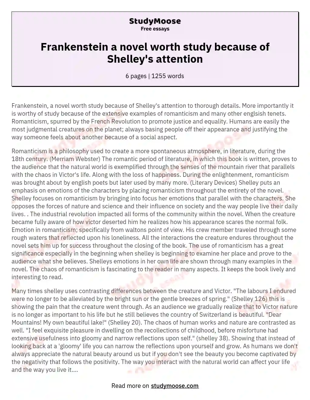Frankenstein a novel worth study because of Shelley's attention