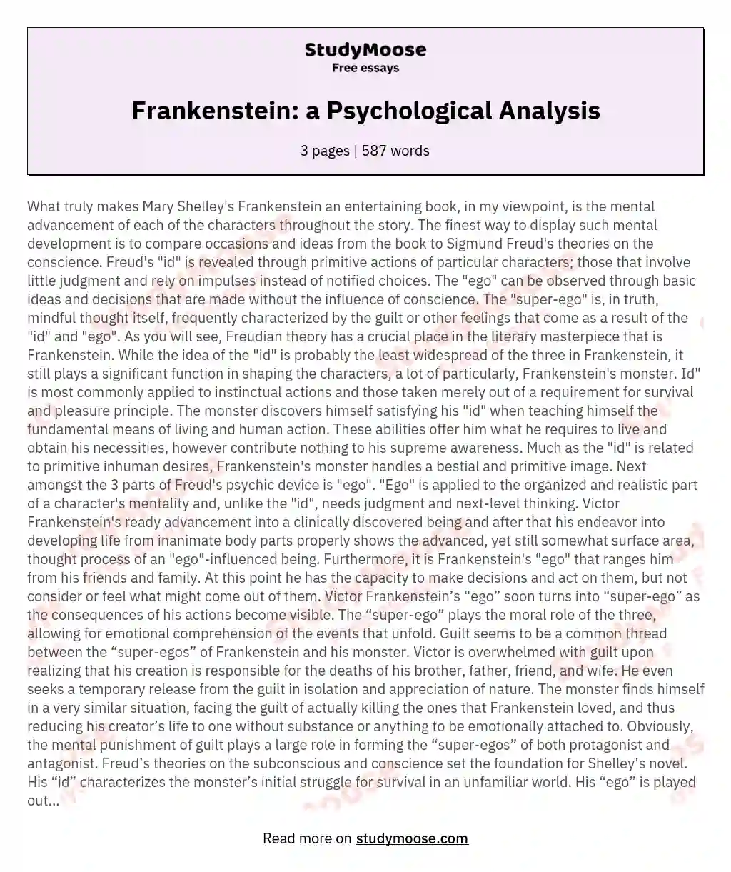 Frankenstein: a Psychological Analysis essay