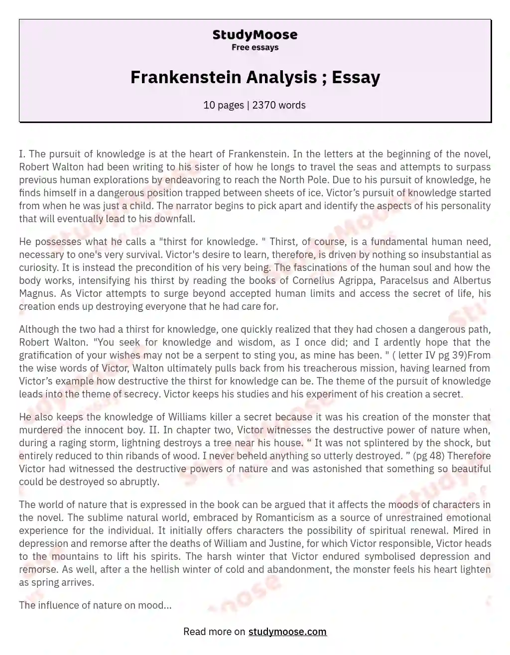 Frankenstein Analysis ; Essay essay
