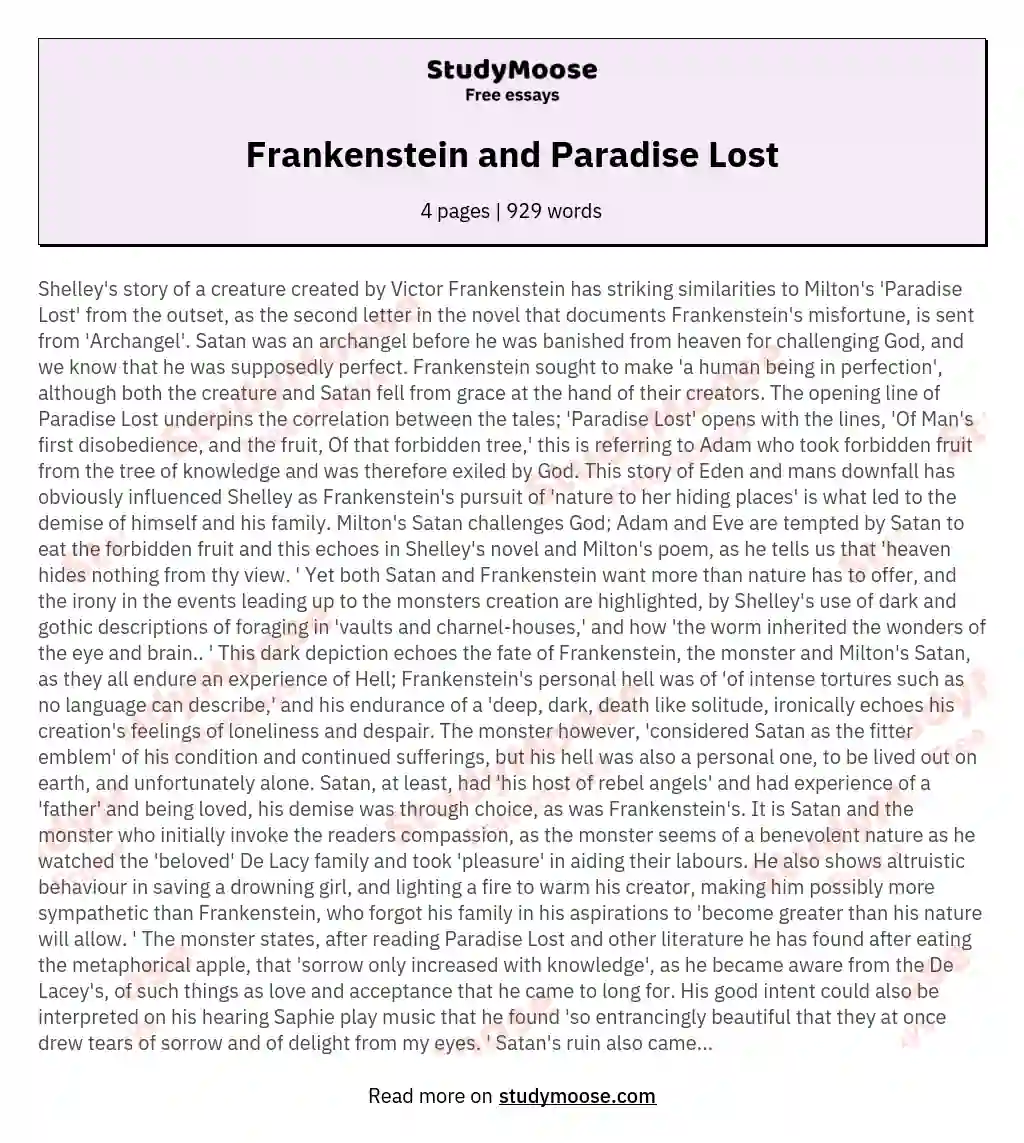 Frankenstein and Paradise Lost essay