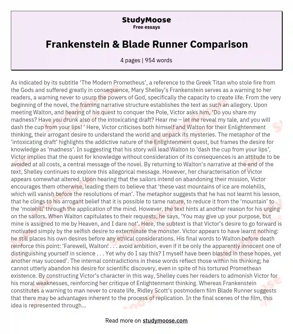 Frankenstein &amp; Blade Runner Comparison essay