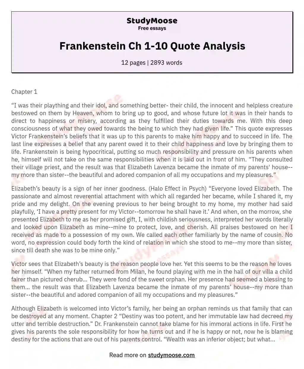 Frankenstein Ch 1-10 Quote Analysis essay