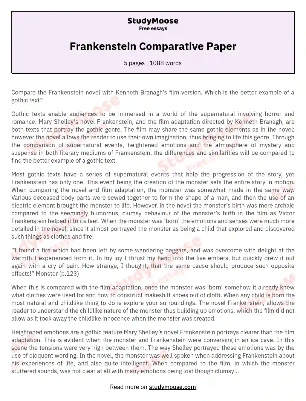 Frankenstein Comparative Paper essay
