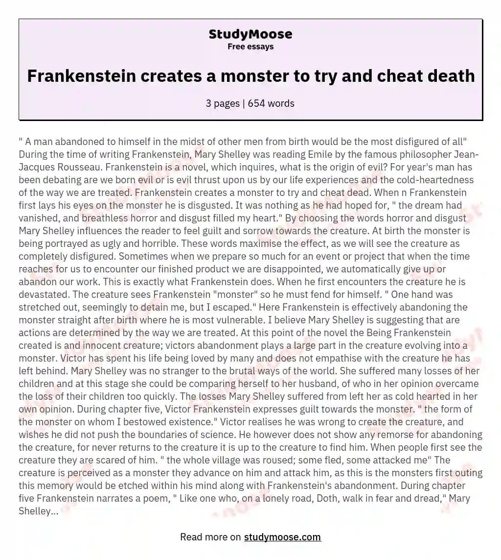 Frankenstein creates a monster to try and cheat death essay