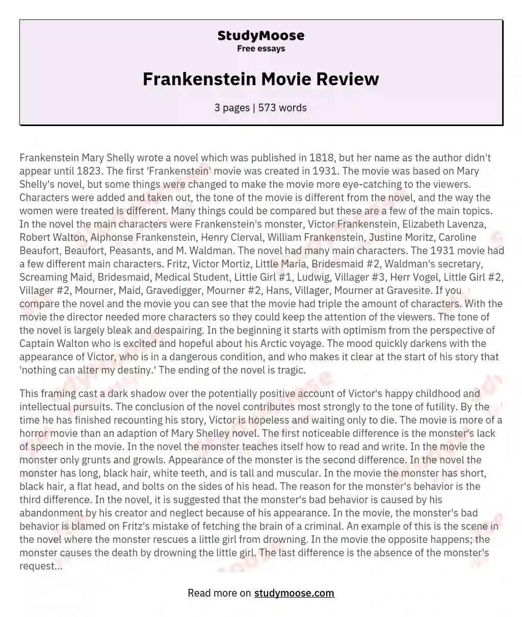 frankenstein review essay